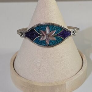Alpaca Silver Mexico Mother of Pearl Reconstituted Turquoise Hinge Bracelet